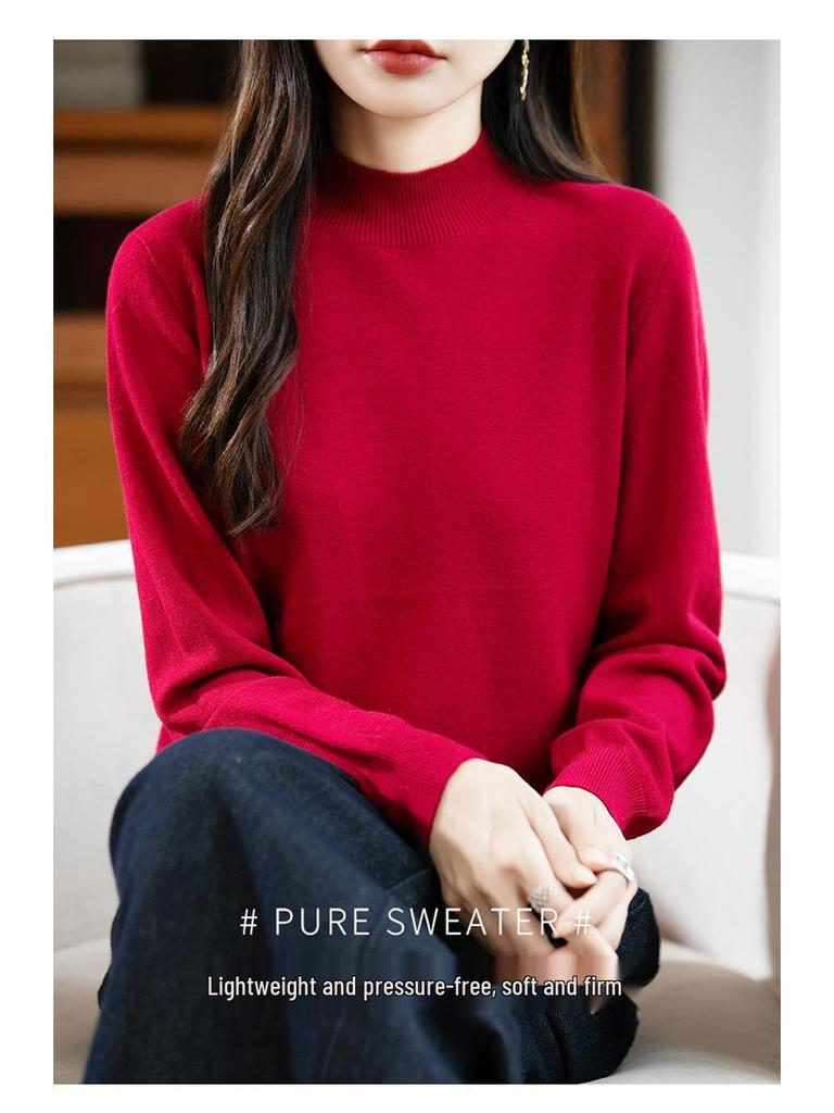 Elegant Autumn Velvet Knit Half-High Neck Sweater for Women - Long Sleeve, Loose Fit Pullover