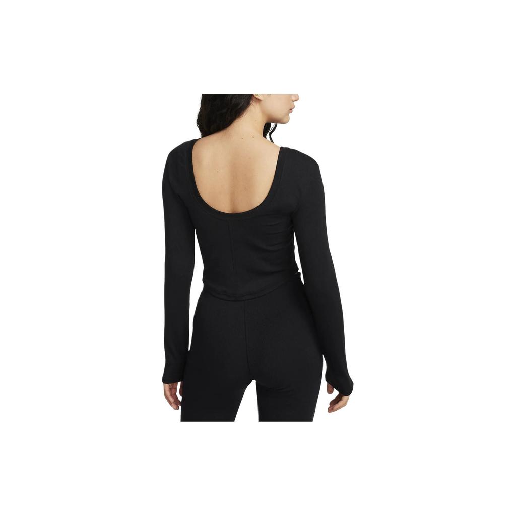 Nike Solid Color Round Neck Short Sports Casual Knit Long Sleeve T-Shirt Women Tops Black FN3662-010