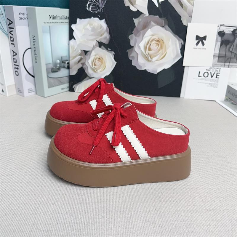 Small inner height increase 8 red half slippers women's thick-soled one-pedal lazy shoes without heels