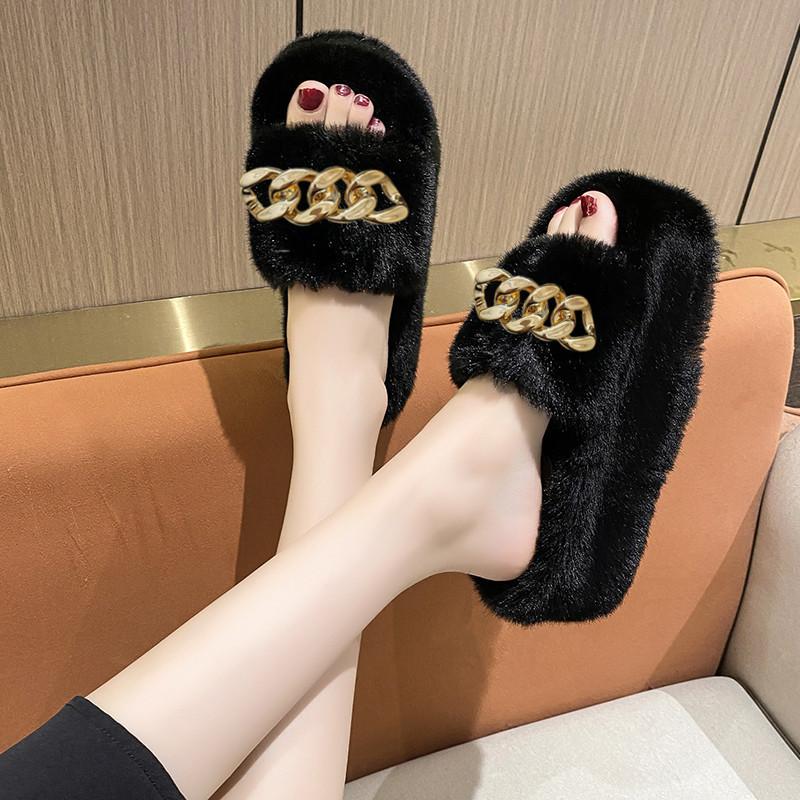 Height heel thick bottom fluffy slippers women wear autumn and winter cotton drag chain Internet celebrity popular plush slippers spring and summer