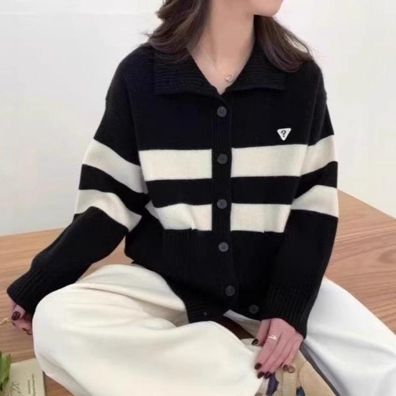 Autumn and winter new retro college loose long-sleeved sweater women's lazy wind stand-up collar striped knitted jacket