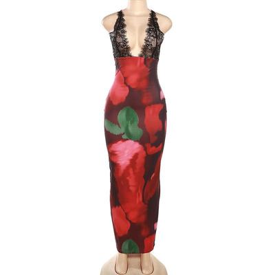 Women Lace Trim Sexy Strap Floral Print Bodycon Dress Summer Fashion Dress