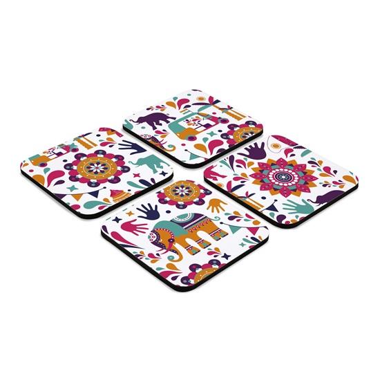 Sada 4 stolních čtvercových podložek kuchyňský stůl dřevěných dekorativních předmětů na šálky, hrnky, plechovky, sklenice