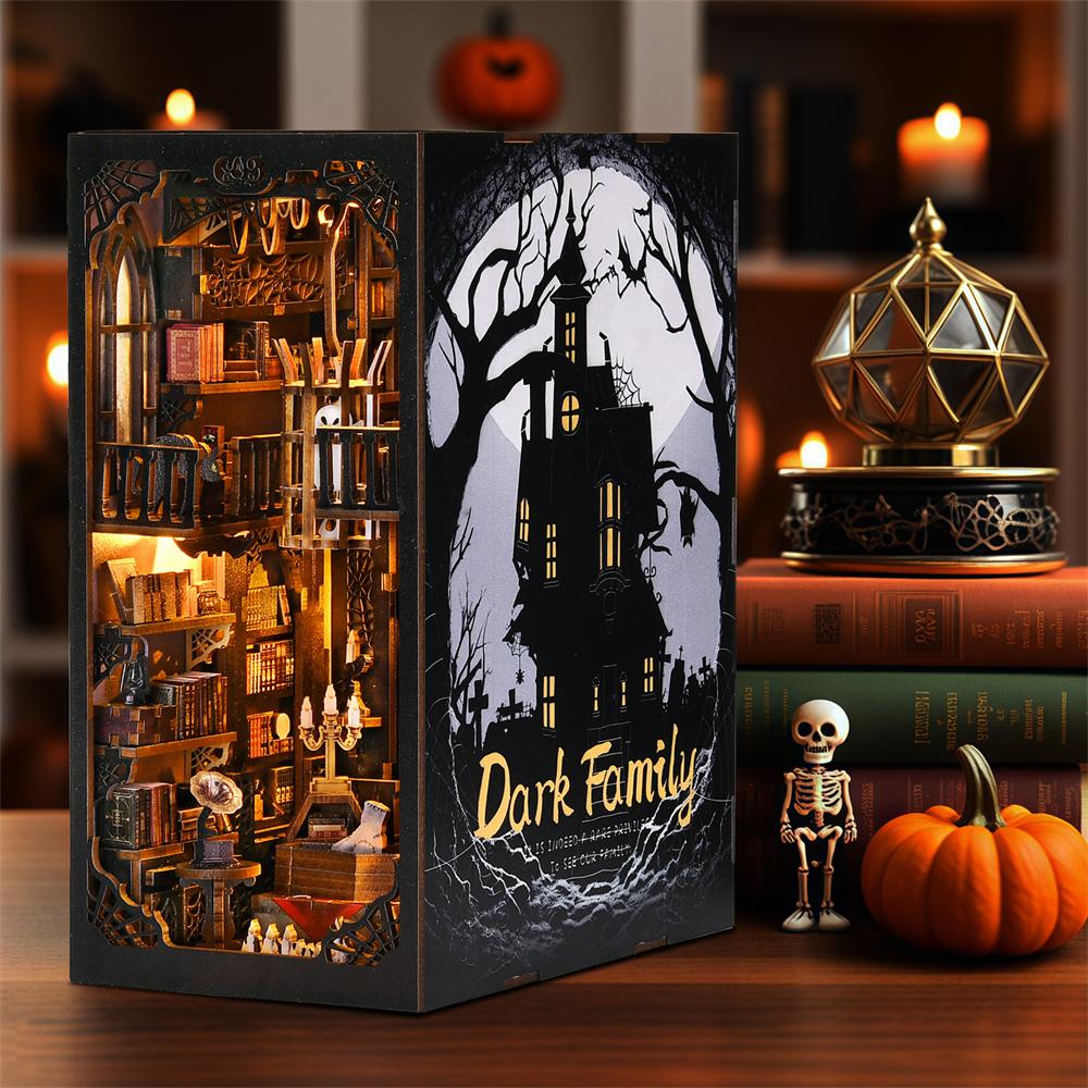 Book Nook Kit Dark Family DIY Wooden Puzzle Gothic style Halloween Bookshelf Dollhouse Model Bookend Building Home Decoration