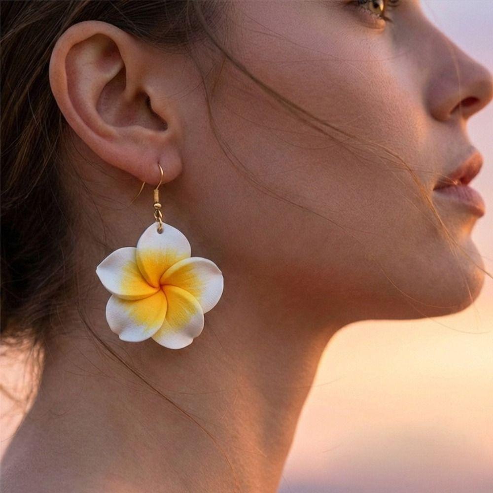 Big Flower Design Flower Drop Earrings Colorful Resin White Green Pink Resin Flowers Earrings Handmade Craft Soft Clay