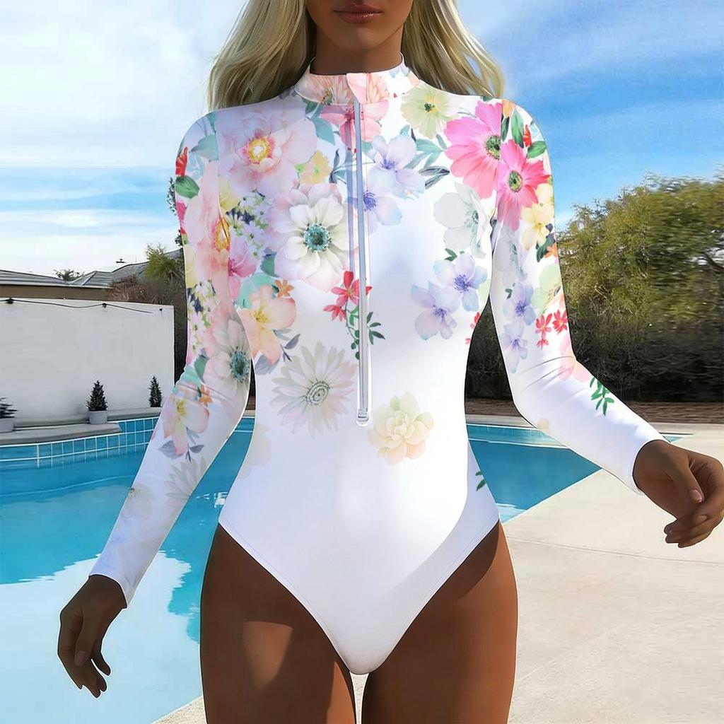 Women Long Sleeve One Piece Swimsuit Zip Front Plant Print Rash Guard Surfing Bathing Suit