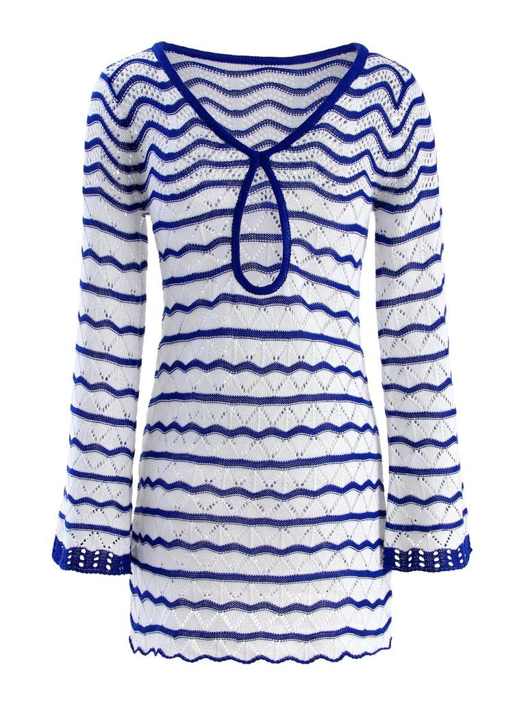 Sexy Boho Striped Chic V-neck Cut Out Bell Sleeve Knit Dress 2025 Summer Women Seaside Holiday Mini A-Line Dress K123