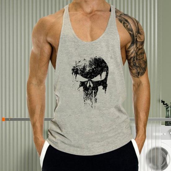 Canottiera estiva da uomo O-Collo senza maniche Vestibilità ampia Parte posteriore scollata Canotta sportiva Canottiera fitness con stampa teschio ad asciugatura rapida Canottiera bodybuilding