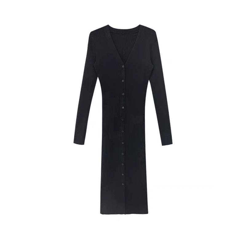 Slim-fitting and thin black V-neck single-breasted long-sleeved ice silk knitted cardigan women's autumn and winter high-end long-sleeved dress