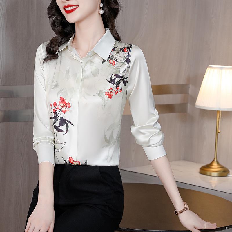 Genuine Mulberry Silk Print Shirt - Women's Slimming Long Sleeve Autumn Fashion 2025