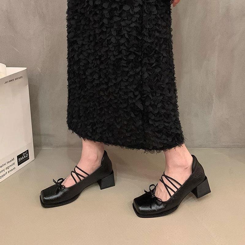 French black bow Mary Jane shoes women's 2025 early autumn new retro versatile thick heel square head temperament single shoes
