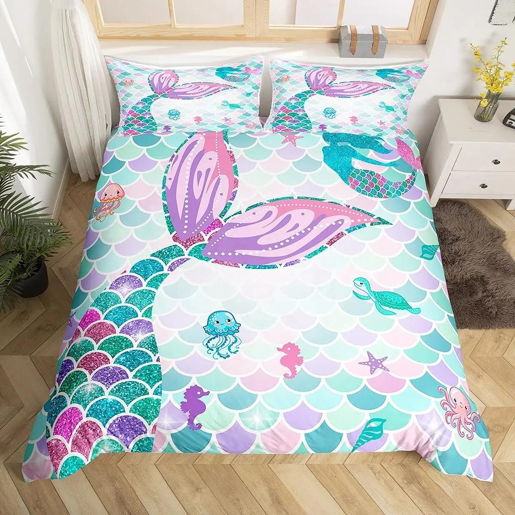 Pink Mermaid Bedding Set Comforter Twin for Kids, Glow In The Dark Mermaid Bedding Sets with Decor Pillow,3 Pieces Girls Bed Set