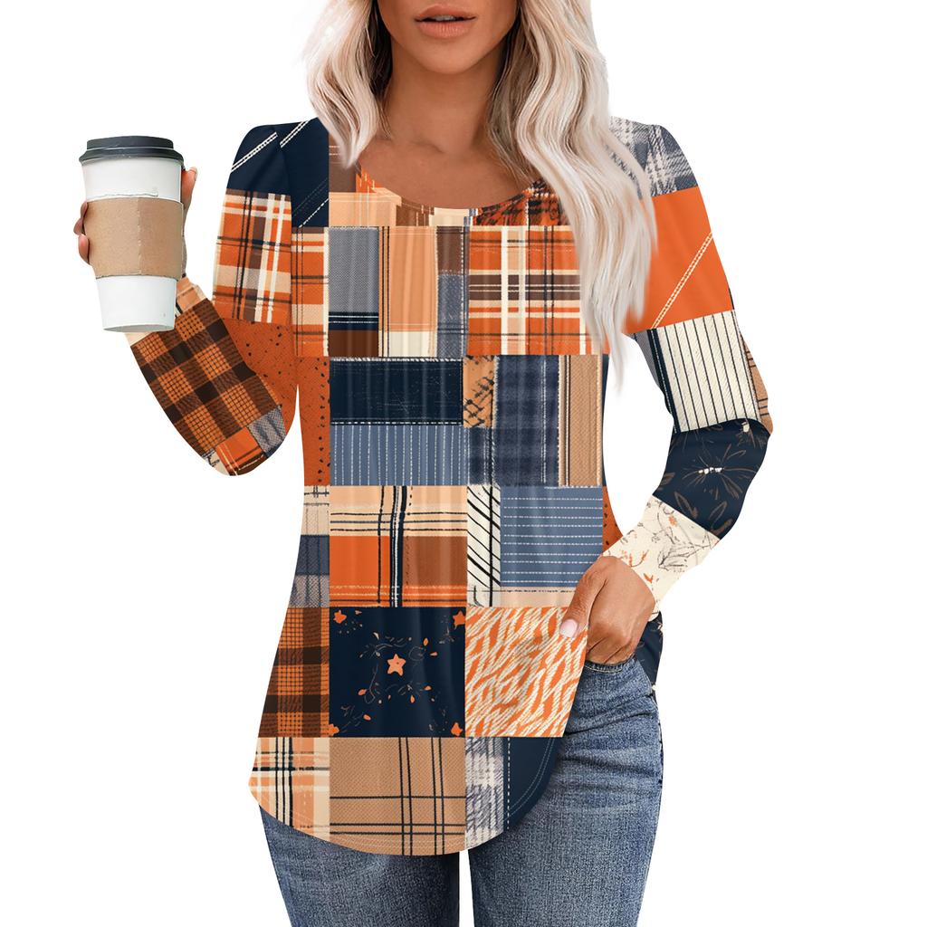 Women's Fashion Casual Pleated Round Neck Vintage Floral Print Long Sleeve T,Shirt Top