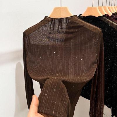 Women's Sparkling Semi-High Neck Mesh Base Layer: 2026 Slim Fit Long Sleeve T-Shirt, Shiny Silk for Spring/Autumn