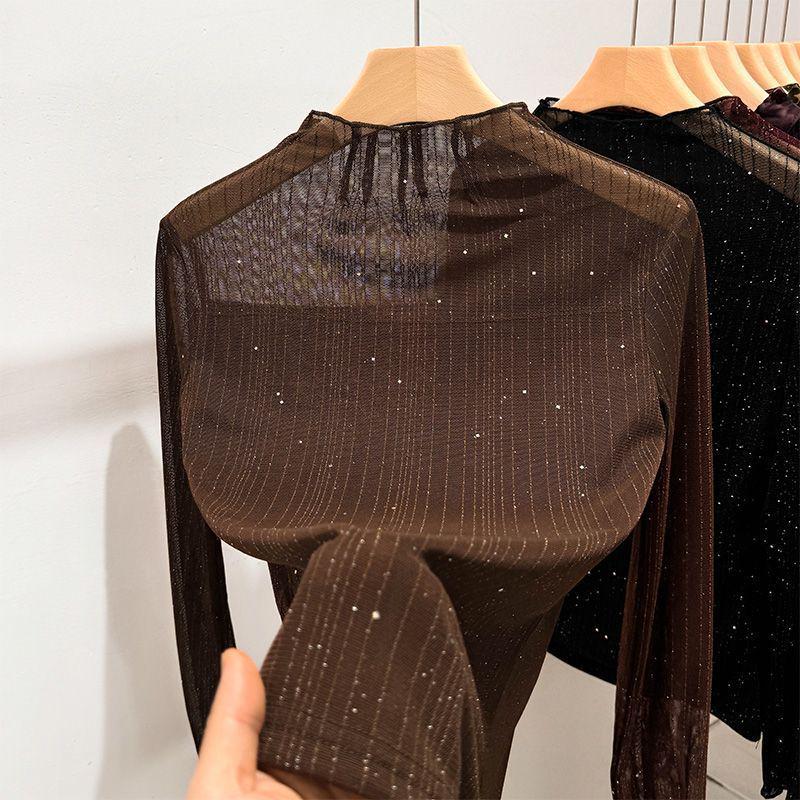 Women's Sparkling Semi-High Neck Mesh Base Layer: 2026 Slim Fit Long Sleeve T-Shirt, Shiny Silk for Spring/Autumn