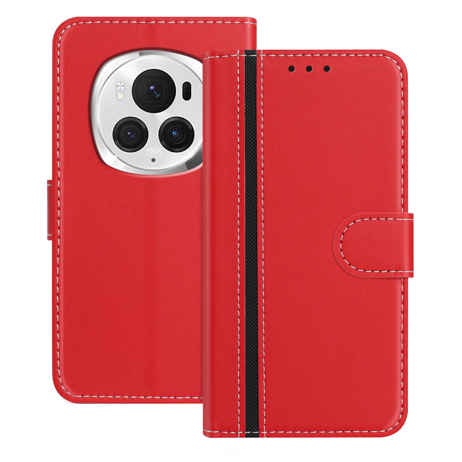 

For Honor Magic6 Pro 5G Phone Cases Wallet Stand Color Splicing Leather Cover with Magnetic Clasp Red