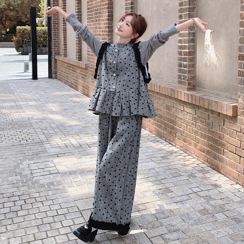 Damesett i koreansk stil med grå polkadotter, tredelt vestdrakt - Elegant høst/vinter moden stil