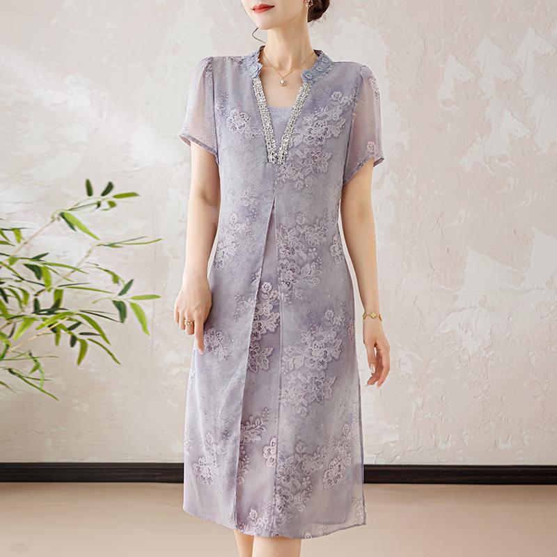 Datang Furen Summer Floral V-Neck Rhinestone Dress 3XL фиолетовый