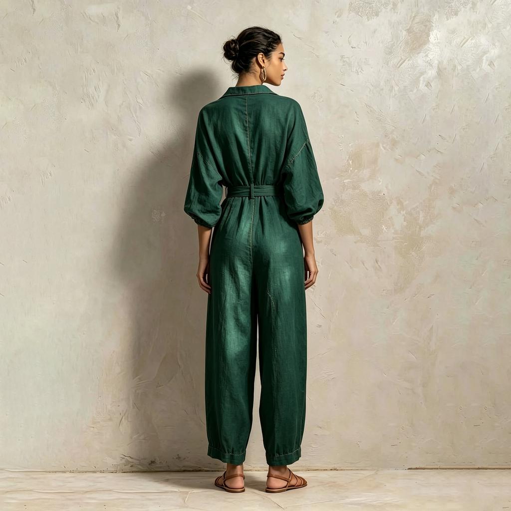 Women's Lapel Collar Button-Down Belted Color Slim Fit Casual Jumpsuit