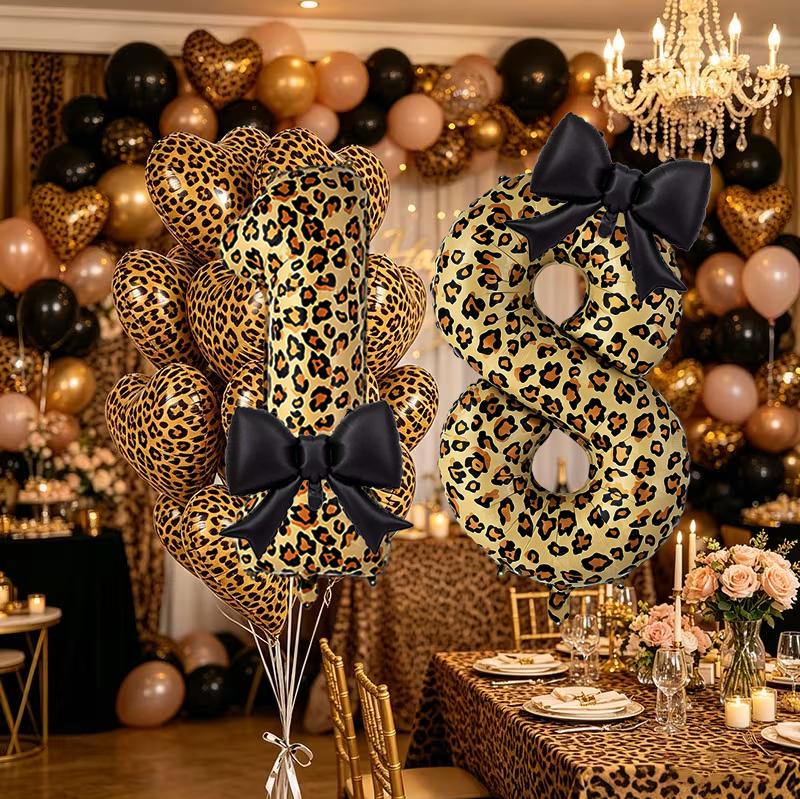 Leopard Print Number Foil Balloon 0-9 with Black Bow Leopard Print Heart-shaped Balloon for Birthday Anniversary Party Decor