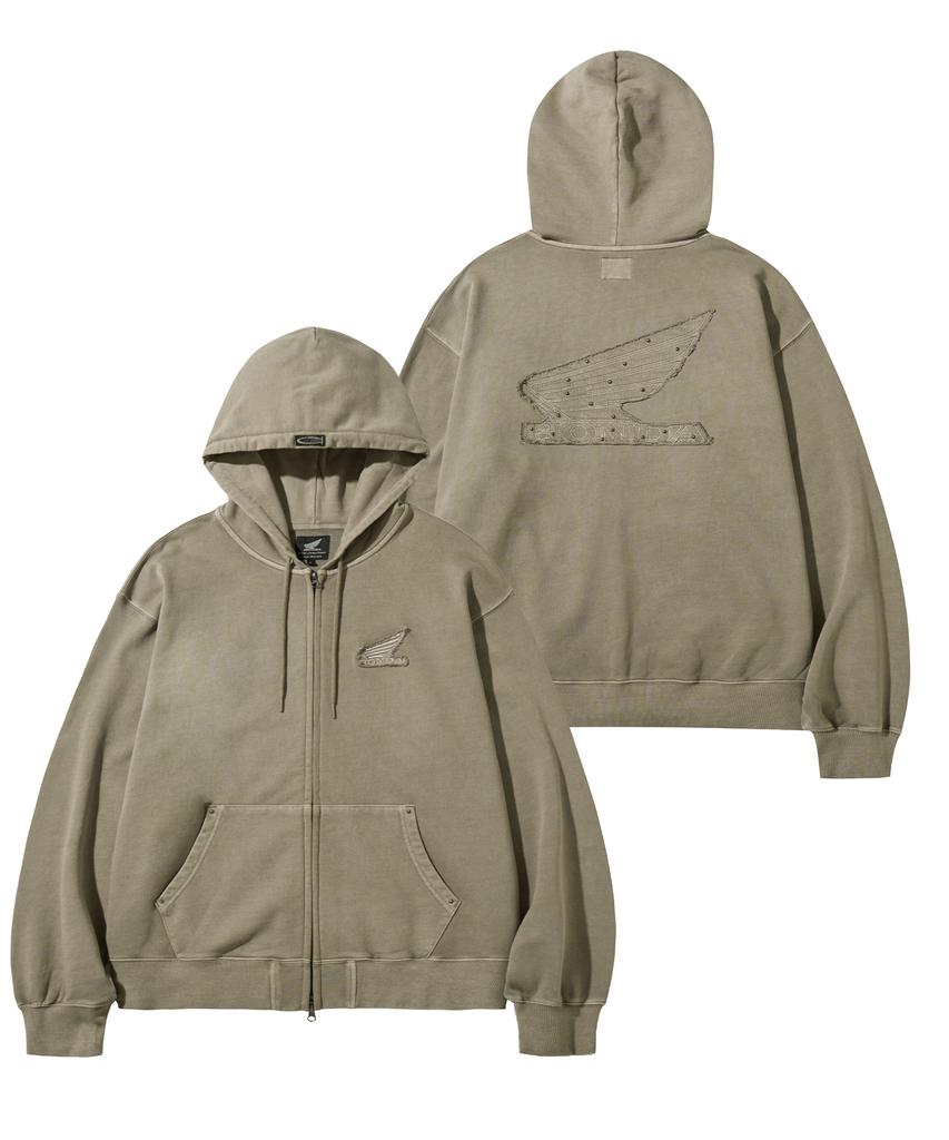 Phyps Motorcycle Honda Stud Wing Washing Hoodie Zip-Up_Beige