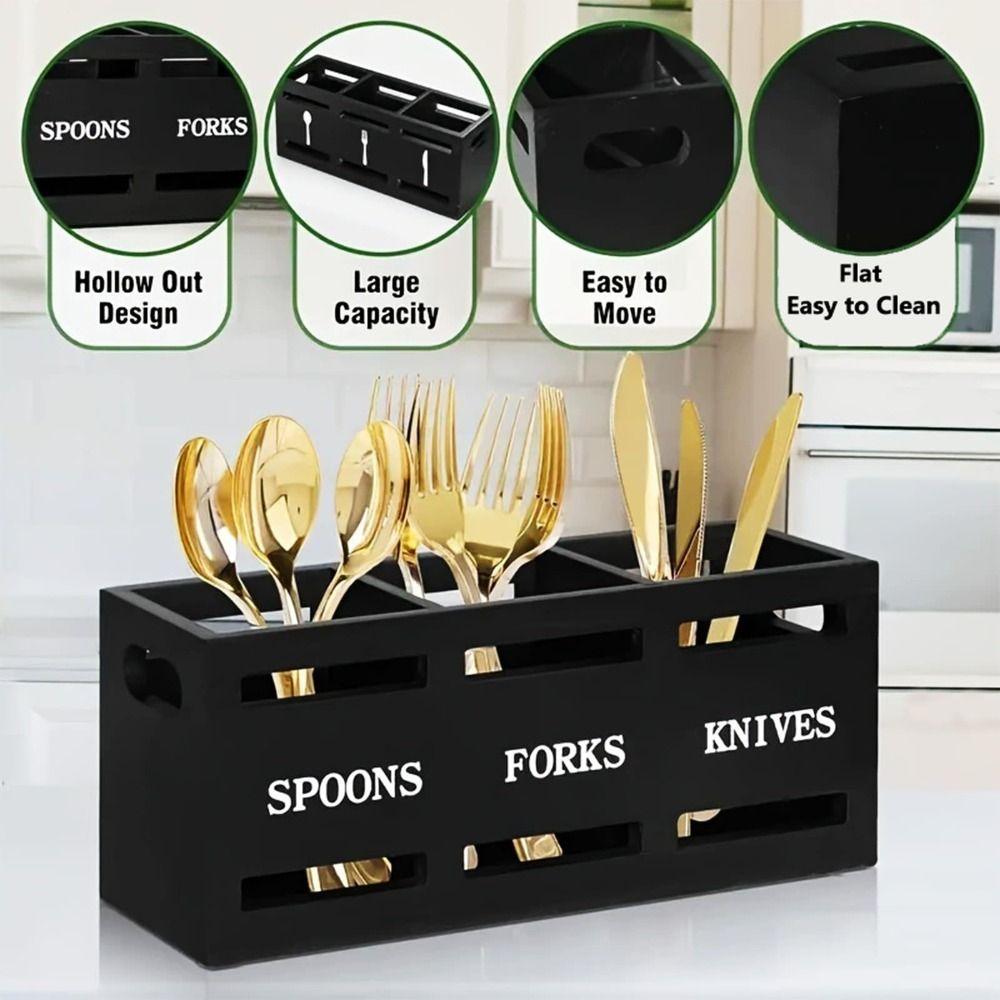 3 Compartments Cutlery Holder Wooden Storage Rack Portable Kitchen Utensil Holder  Table Countertop