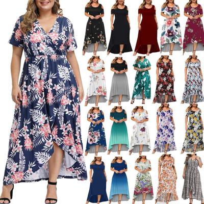 Mode Damen Große Größe Sommer Sexy Rundhals Print Straße Schulter Kurzarm Kleid