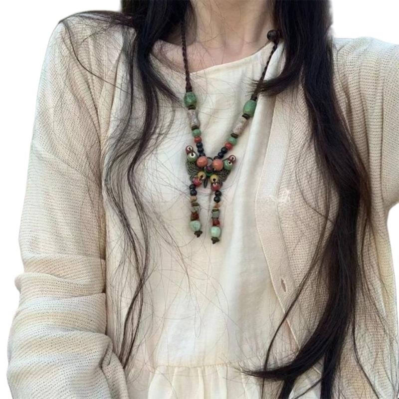 Handwoven Ceramic Butterfly Pendant Jewelry Bohemian Necklace Adjustable 80cm Wax Cord Lightweight Women Accessory