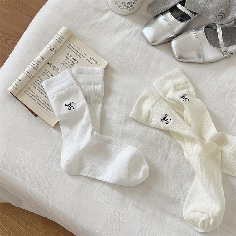 Woman Ultra Thin Version  Ins Bow Solid Color Mesh Mid Tube Breathable Socks Black White Grey Girl  Style Sweet Socks