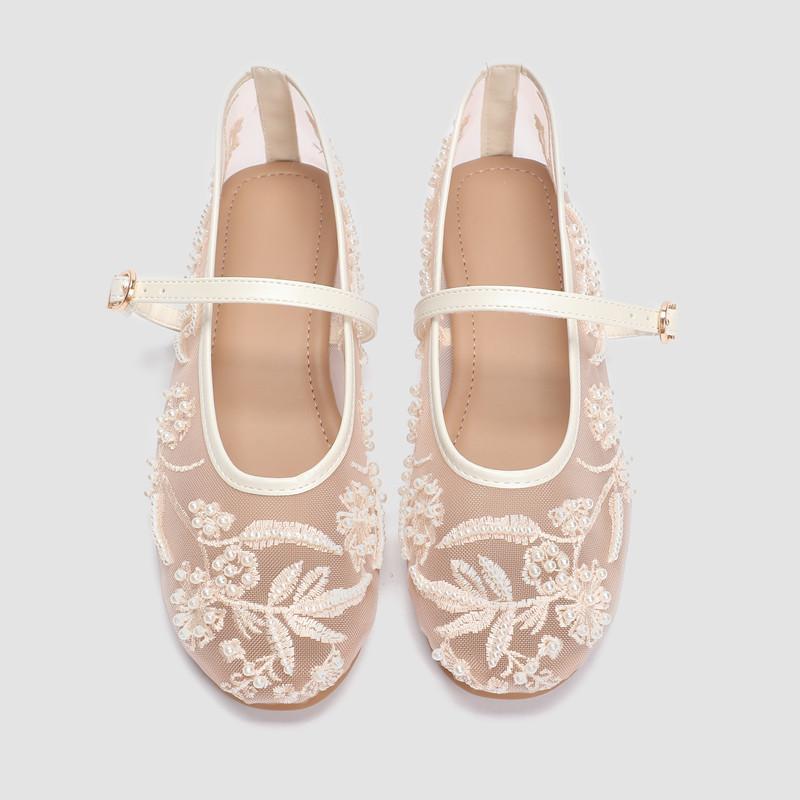 Fashion White Pearl Mesh Embroidery Ballet Flats Women Elegant String Bead Flat Sandals Light Summer Mary Jane Shoes Zapatos De Mujer