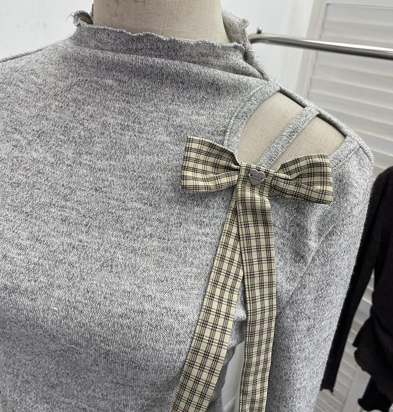 Korean Style Off-Shoulder Bow Slim Fit Long-Sleeve Women's Top
