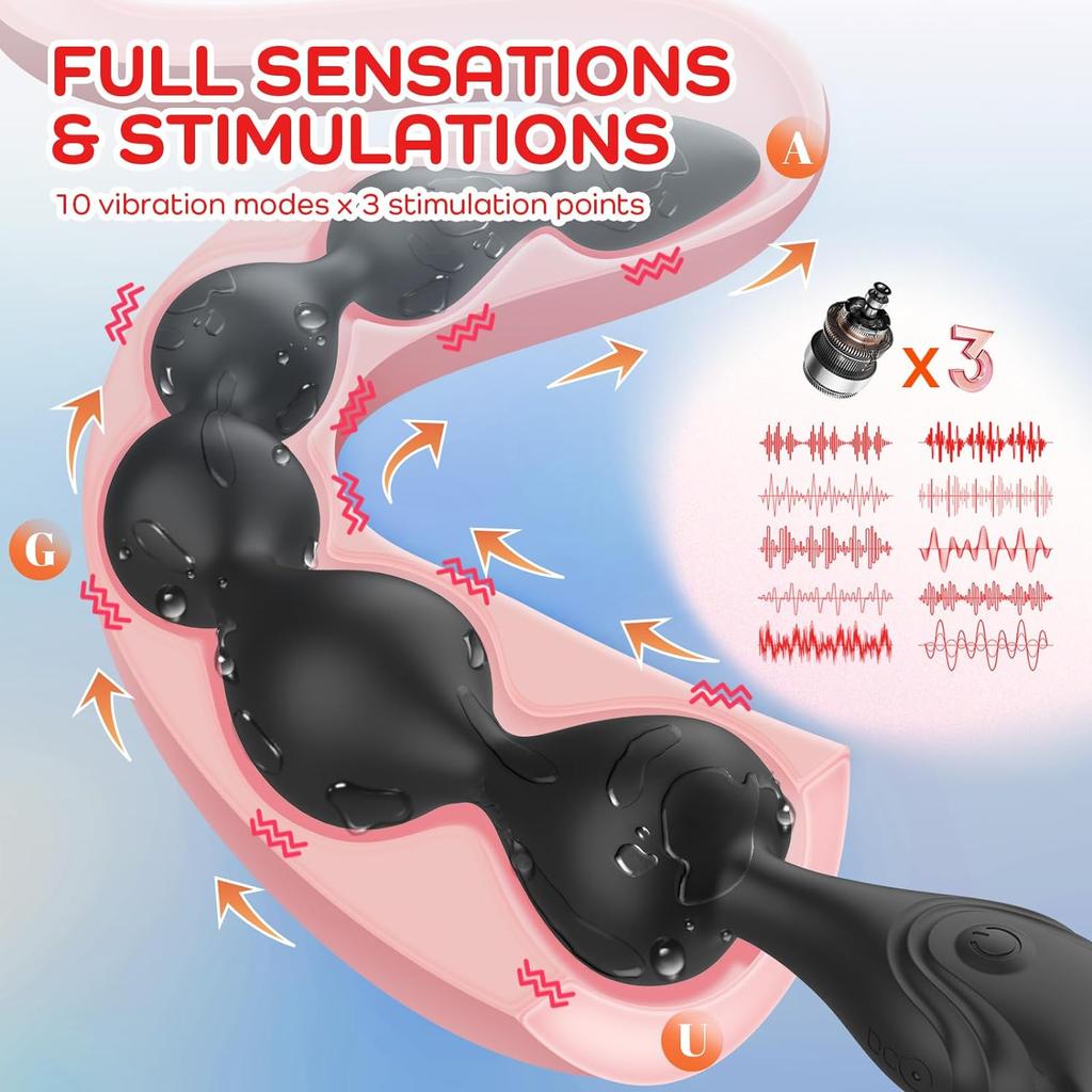 Ultra Soft Liquid Silicone Vibrating Anal Massage Beads Prostate Massager, 10 Vibration Modes, Anal Sex Toys for Couples