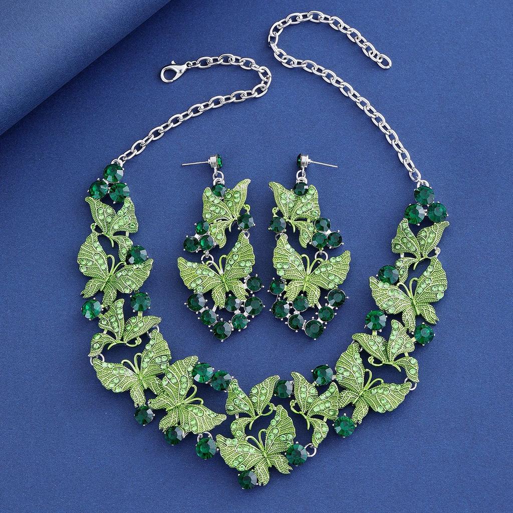 Europäisches Übertriebenes Schmetterling Ölgemälde Strass Halskette Ohrringe Set Valentinstagsgeschenk