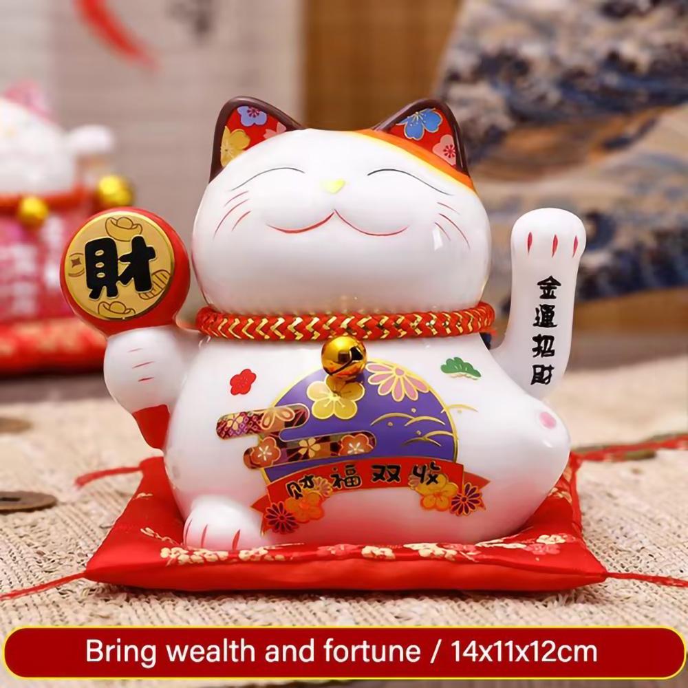 Beckoning Cat Ceramic With Gift Box Waving Hand Lucky Cat Battery Powered Maneki Neko Best Gift Home Decoration Fortune Lucky