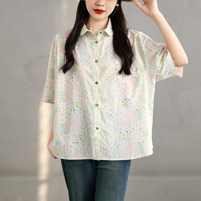 2025 Summer New Mori Retro Printed Short-sleeved Shirt Women's Loose Small Fresh Lapel Casual Cardigan Top