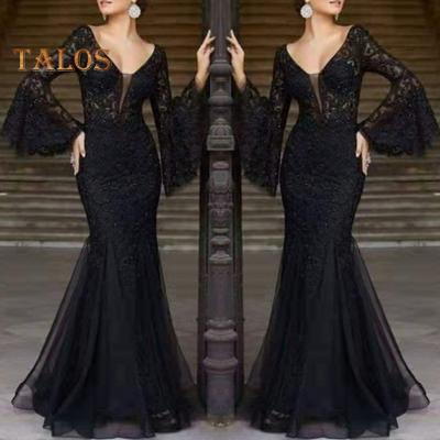 Women Evening Dress V Neck See-through Lace Embroidery Flared Sleeves Ball Gown A-line Fishtail Hem Slim Fit Cocktail Party Prom Banquet Maxi Dress