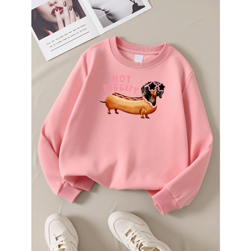 Felpa morbida da ragazza con girocollo, Stampa Fashion Hot Diggity Dachshund con Stampa carina e creativa, Casual e versatile per Autunno Inverno
