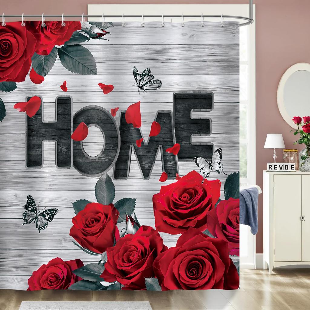 Red Rose Shower Curtain Botanical Floral Romantic Flower Valentine Girls Bathroom Curtain Decor Waterproof Fabric Include Hooks