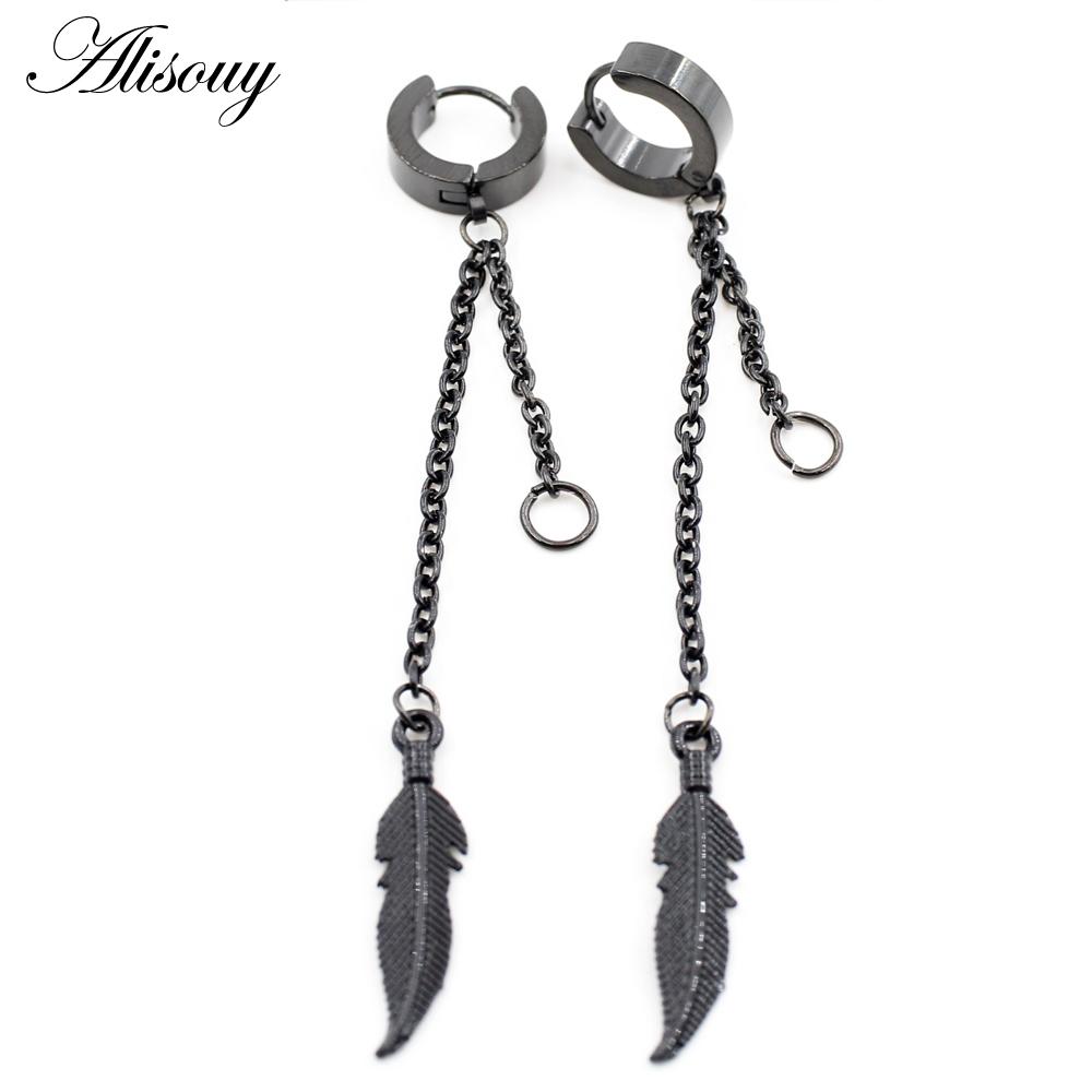 Alisouy 2PCS Stainless Steel Star Cross Snake Spike Skull Sword Blade Chain Feather Spider Dangle Women Men Huggie Hoop Earrings