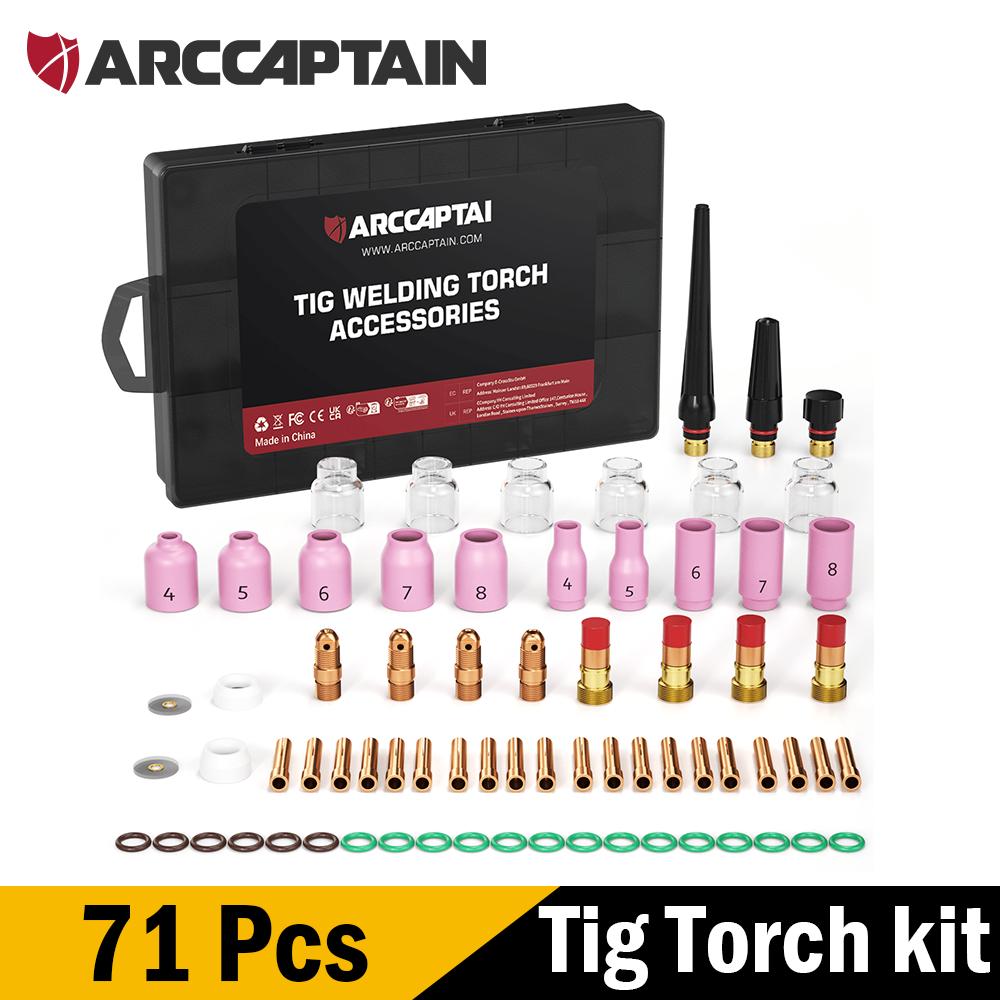 ARCCAPTAIN WP-17/18/26 WIG-Schweißbrenner Zubehör-Kit 49/71 Stück Düsen Elektrodenhalter Brennerkörper Kurzer Gaslinsen Glasbecher Verbrauchsmaterialien Kit