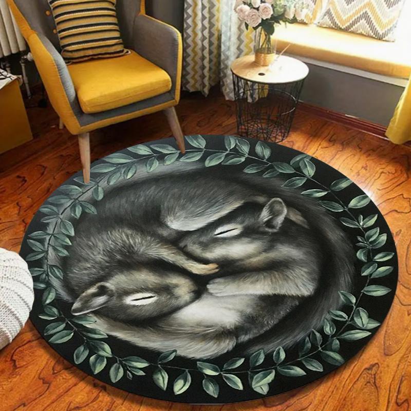 

Round Black Carpet Mat Rug with Cute Sleeping Animals Leaf Pattern Home Decoration for Living Room Bedroom Floor Decor 80cm x 80cm
