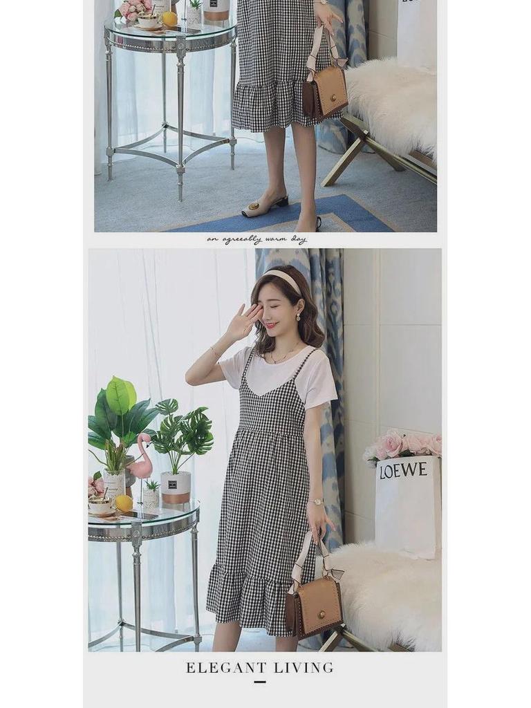 Plus Size Korean Plaid Maternity Dress - Short Sleeve, Loose Fit, Round Neck, Two-Piece Look