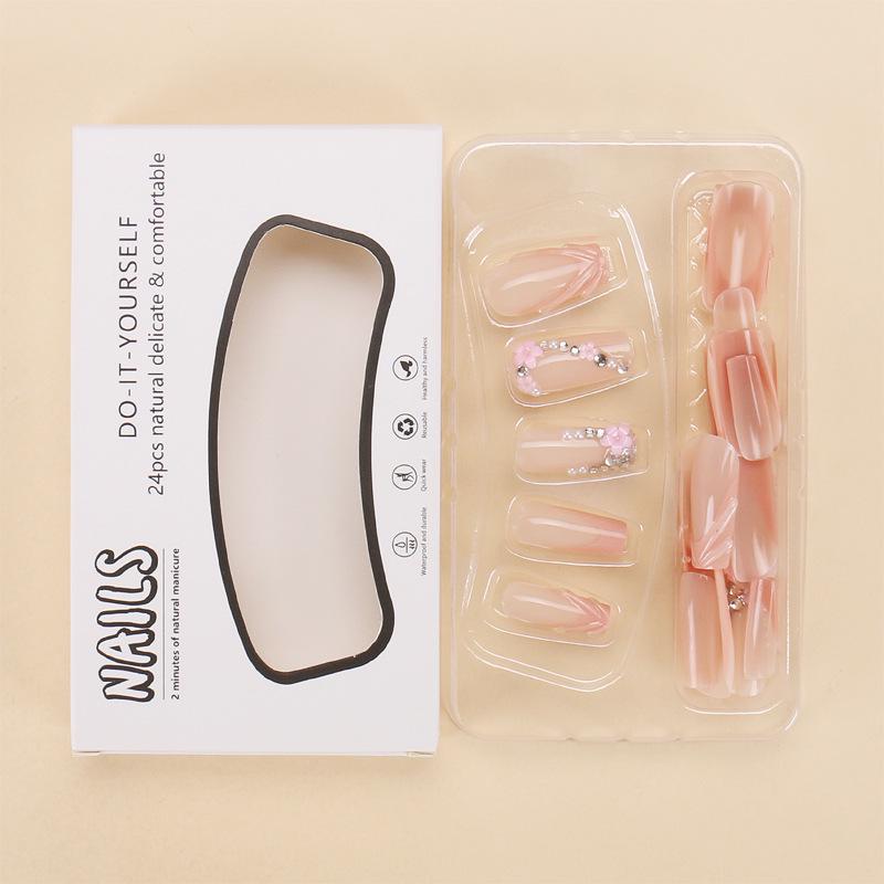 European & American Style Flash Diamond Flower French Manicure Press-On Nail Tips