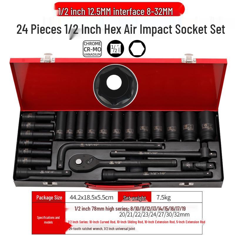 24-Piece 1/2 Hex Extended Air Impact Socket Set: Heavy-Duty Pneumatic Torx Wrench
