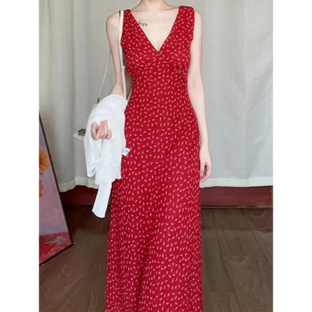 Seaside vacation temperament red v-neck floral sleeveless dress children's summer versatile new long dress