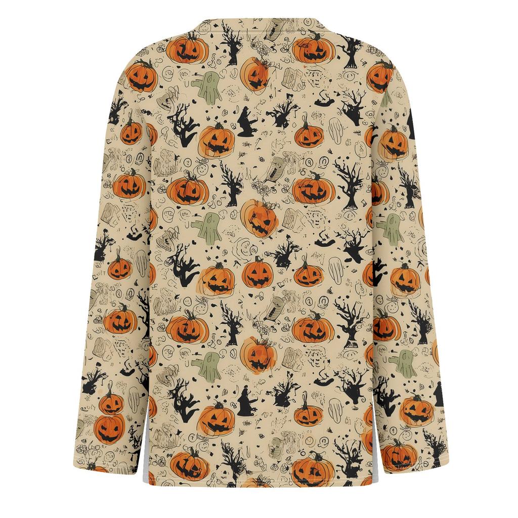 Women's Halloween Print Long Sleeve Top with Round Neck and Hem Slit