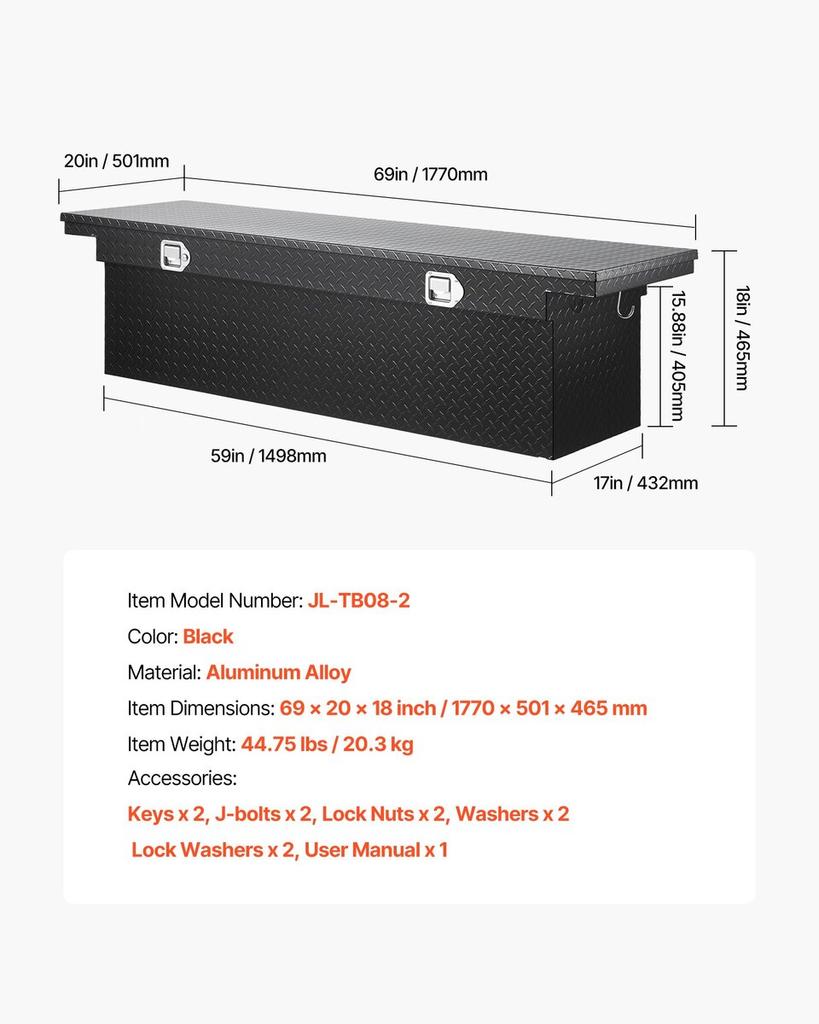 Crossover Truck Tool Box, 69x20x18 In, Heavy Duty Aluminum Toolbox with Diamond Texture, Pick Up Truck Bed RV Trailer Toolbox, Waterproof Storage