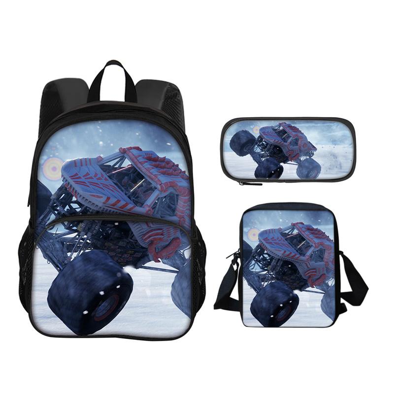 Monster Jam Round Front Bag Backpack Pen Bag Shoulder Bag 3Pcs Set Cartoon Print Student's Best Campus Companion Birthday Gift