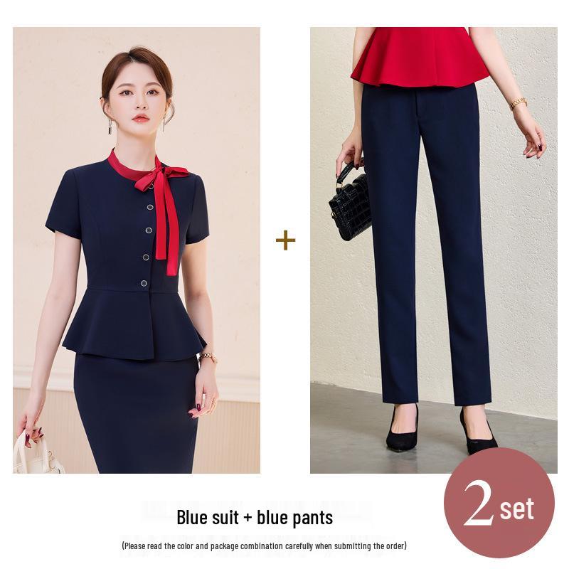Women's Summer Professional Pant Suit Set - Short Sleeve Work Uniform for Receptionists and Beauticians