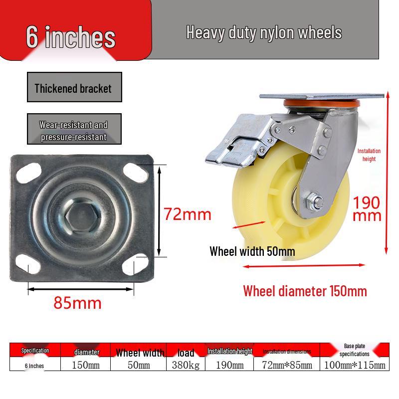 Heavy-duty Wear-resistant Stroller Wheels with Double Bearings and Brakes - White Nylon, 4/5/6/8 Inch